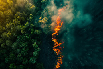 Wildfire consuming forest from aerial perspective. Generative AI image
