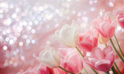 Fresh spring tulip flowers as a holiday postcard design blurred background. Space for text
