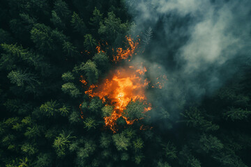 Wildfire caught in aerial forest view. Generative AI image