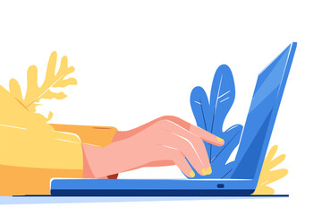 Vector illustration hands typing on a laptop. Remote work, freelance, technology. Flat vector illustration.