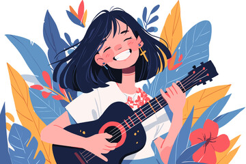Happy woman playing guitar vector illustration