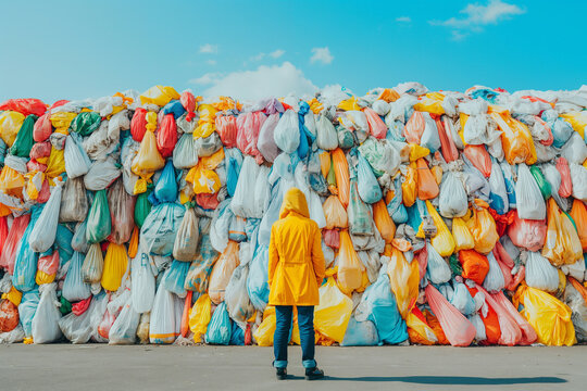 Environmental worker confronting towering piles of colorful waste. Generative AI image