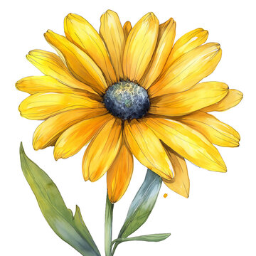 Watercolor painting of yellow daisy flower isolated on transparent background.