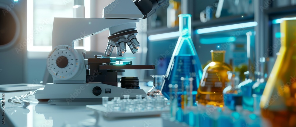 Poster this is a modern medical research laboratory with a microscope and test tubes containing biochemical