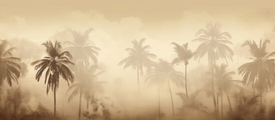 Fototapeta na wymiar Group of tall slender palm trees standing in a foggy area with a serene and mysterious atmosphere