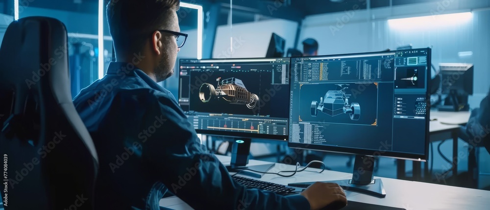 Poster An industrial engineer solving problems using CAD software, two monitors show a 3D prototype of an eco-friendly electric engine concept.