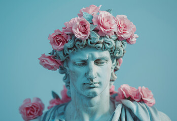Serene Blue Statue with Pink Roses Crown on Pastel Background