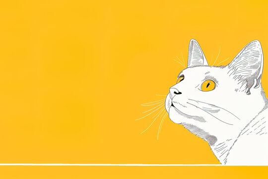 Hand-drawn white cat illustration on yellow background. Generative AI image
