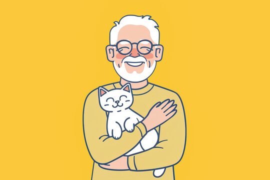 Senior man with a smiling cat illustration. Generative AI image
