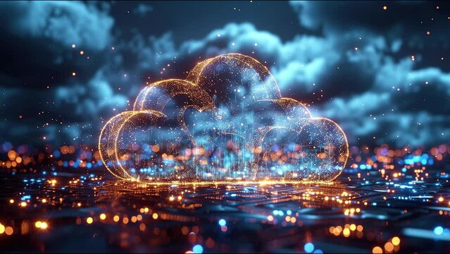 Motion Graphic Cloud Storage and Data Transfer concept connected network nodes made of clouds 4k video, animation 