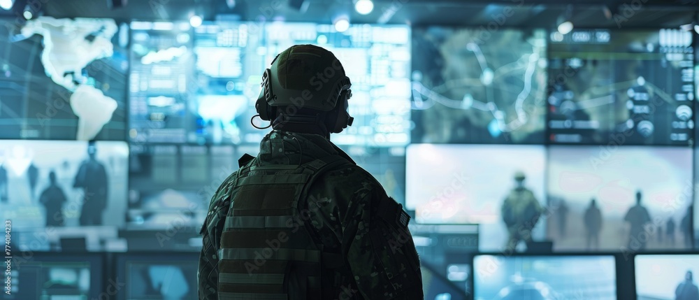 Poster surveillance officer working in an army management center for national security, technology, and arm