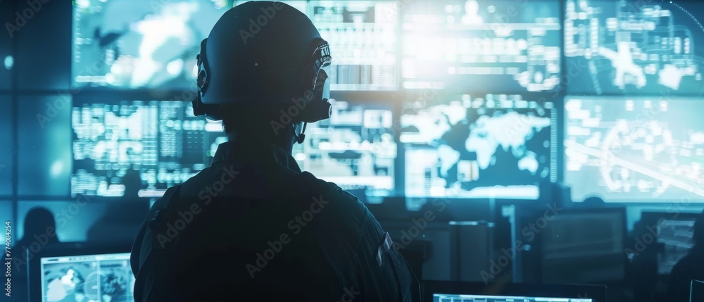 Poster military surveillance officer working on city tracking operation in a central office hub for cyber c