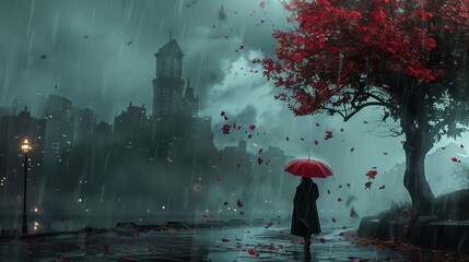 A person is walking down a street in the rain with an umbrella - 774084200
