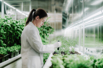 Side view of caucasian female scientist examining plants in lab. Generative AI