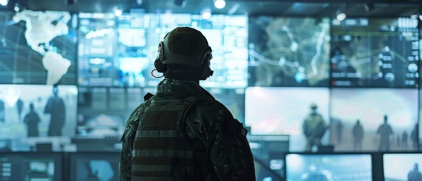 Surveillance officer working in an Army Management Center for National Security, Technology, and Army Communications on a city tracking operation.