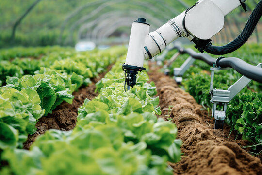 Robotic arm assisting with lettuce cultivation. Generative AI