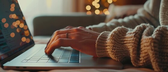 The hands of a Caucasian man are close-up as he uses their laptop computer to read the latest news. The freelance man is preparing financial market reports for clients and employers in a cozy - obrazy, fototapety, plakaty