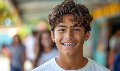 A smiling young man with transparent correctional braces