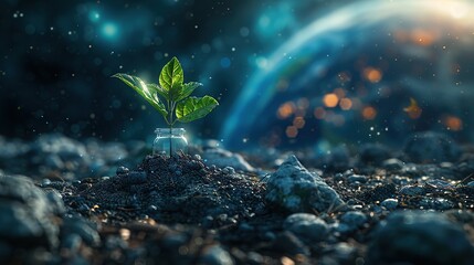 Young Plant in Jar on Rocky Soil with Cosmic Backdrop - 774084658
