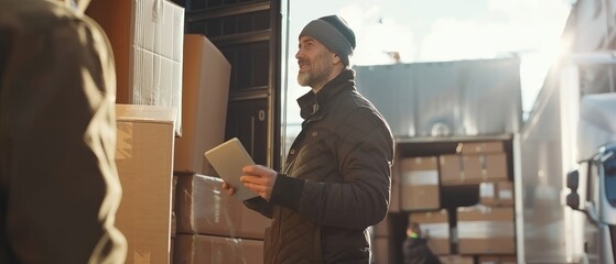 An inventory manager uses a tablet computer outside a Logistics Distributions warehouse as he speaks to a worker loading cardboard boxes onto delivery trucks. Online orders, purchases, and e-commerce - obrazy, fototapety, plakaty