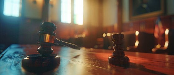 Trial scene of a Court of Law and Justice trial: The Honorable Judge proclaiming the sentence, striking the gavel. Close-up of the Mallet and Hammer. Cinematic shot of the dramatic Not Guilty - obrazy, fototapety, plakaty
