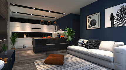 modern interior design, small open plan living room and kitchen in dark blue with white cabinets, sofa facing tv, black accents, planters on ceiling, striped rug, warm lighting, hyper realistic