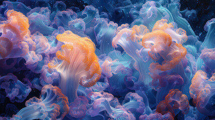 A Group of Jellyfish Swimming in the Ocean - obrazy, fototapety, plakaty