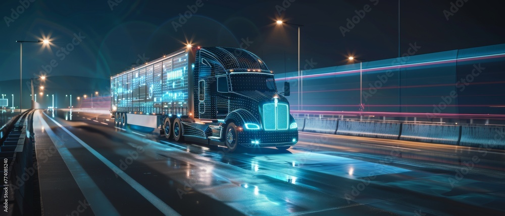 Poster concept for an autonomous semi truck with cargo trailer driving at night on the road with sensors sc