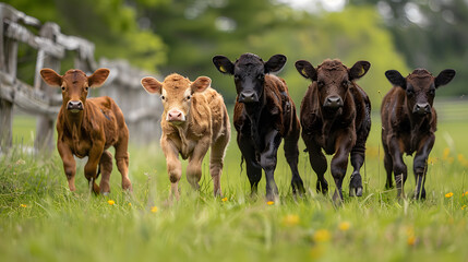 A group of curious calves, with a wooden fence in the background, during a playful romp in the pasture - obrazy, fototapety, plakaty