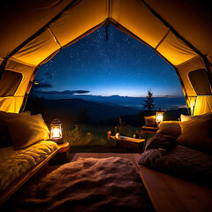 Step into the magic of the night with our holiday camping experience. Inside our cozy tent, a warm yellow light glows, casting a soft ambiance against the canvas. Above, the sky is alive with shooting