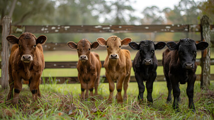 A group of curious calves, with a wooden fence in the background, during a playful romp in the pasture - obrazy, fototapety, plakaty