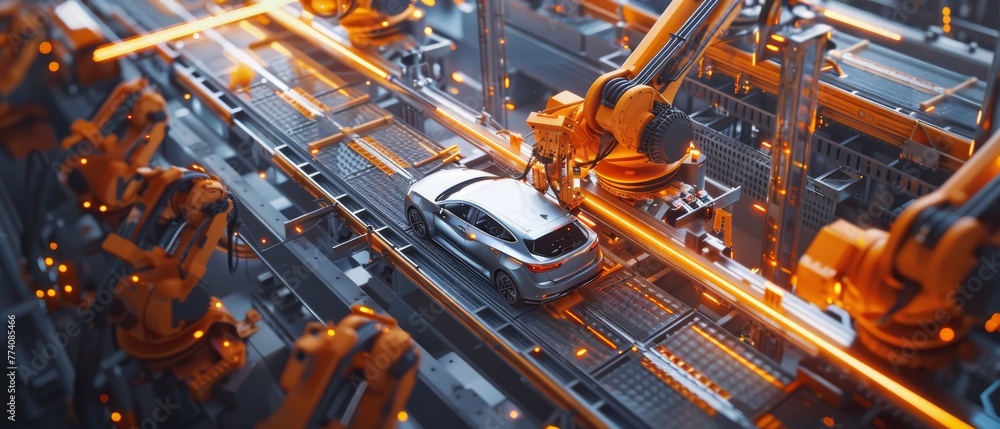 Aufkleber aerial car factory 3d concept: automated robot arm assembly line manufacturing advanced high-tech gr