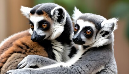 a lemur with its tail curled around another lemur upscaled 4 - obrazy, fototapety, plakaty