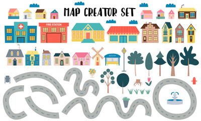 Flat style map creator set for kids design. Cute map creator vector set with houses and trees.