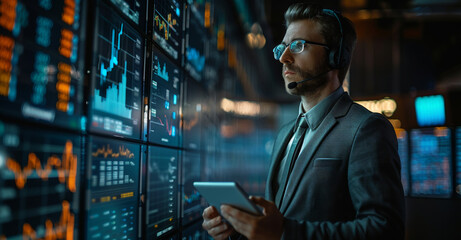 Professional Data Analyst Examining Complex Graphs on Multiple Screens