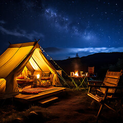 Step into the magic of the night with our holiday camping experience. Inside our cozy tent, a warm yellow light glows, casting a soft ambiance against the canvas. Above, the sky is alive with shooting