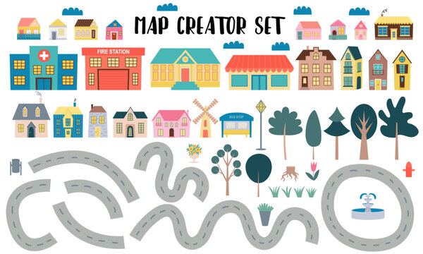 Flat style map creator set for kids design. Cute map creator vector set with houses and trees.