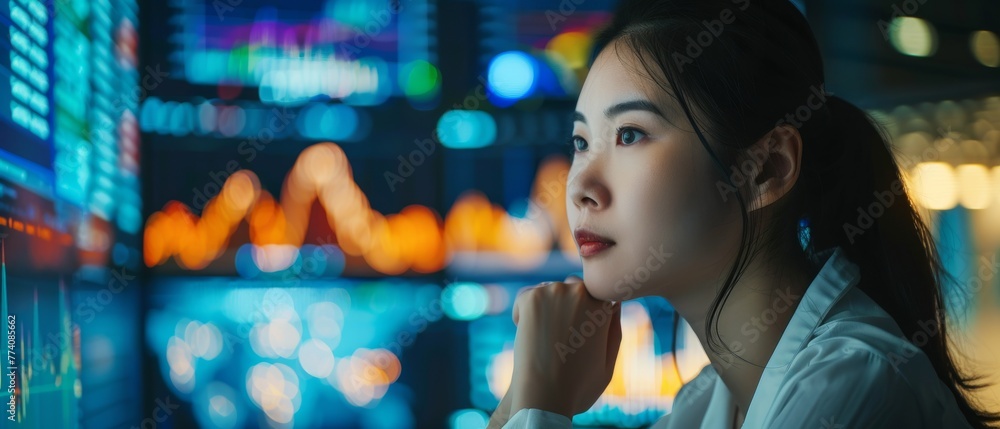 Poster a beautiful asian manager using a desktop computer, analyzing business data, analyzing statistics, a