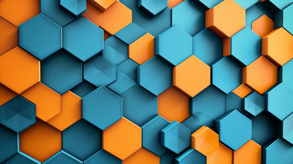 Blue and orange hexagons background pattern 3D rendering. Hexagons pattern. Abstract cube hexagon shape pattern background, Ai generated