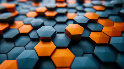 Blue and orange hexagons background pattern 3D rendering. Hexagons pattern. Abstract cube hexagon shape pattern background, Ai generated