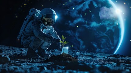 Astronaut Engaged in Space Agriculture on Moon - 774085664