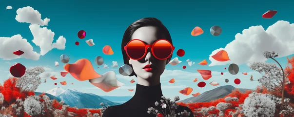 Foto op Canvas Surreal collage with young woman with classic red glasses, beautiful fantasy panoramic landscape, generated by ai © emilio100