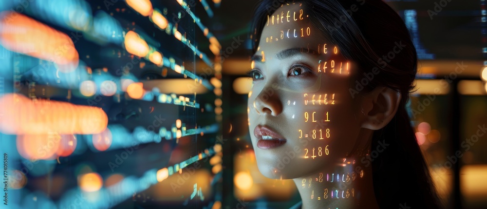 Leinwandbilder A female Asian startup digital entrepreneur working on a computer as she projects a line of code onto her face and reflects the line of code. She is working on an innovative e-commerce app using