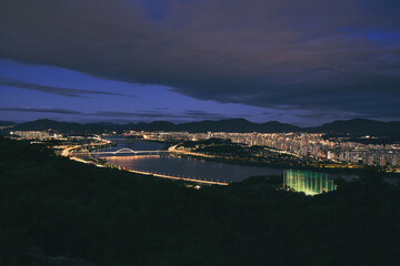 Stunning Night View of urban Seoul City from the Mountain Top