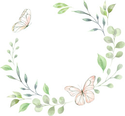 Watercolor Frame with butterflies and green foliage.