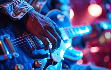 A man playing a guitar with his hand on the neck. The guitar is blue and white. The image has a...