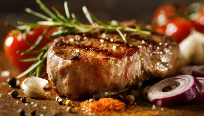 Juicy grilled meat steak cooking with vegetables and spices. Delicious dish. Tasty restaurant food.