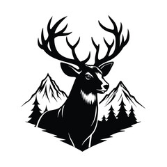 Solid black outline elk, vintage head line art concept with mountains
