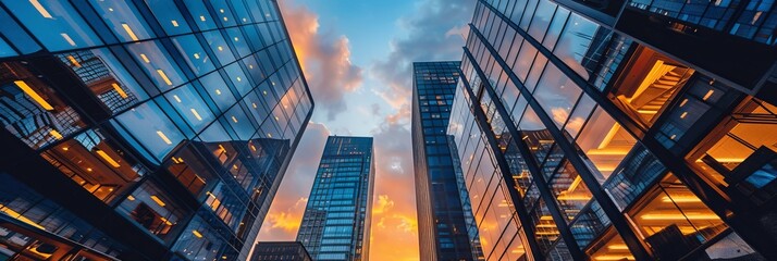 High-rise buildings, cityscape, modern architecture, sunset sky, urban skyline, glass curtain walls, skyscrapers, reflection in windows, office lights on inside, business district. High-resolution pho - obrazy, fototapety, plakaty