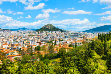 Athens, Greece. Panoramic view of Athens city and Lycabettus hill at sunny day.